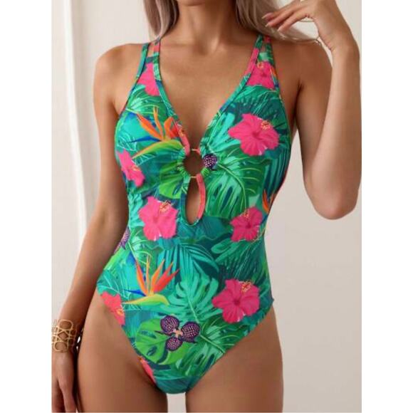 Swim Summer Beach Tropical Printed Hollowed Out One Piece Floral Sz XL - Picture 1 of 9